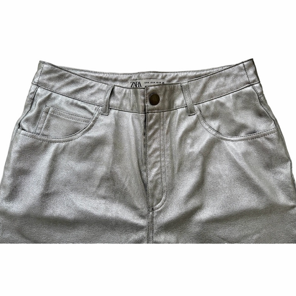 Zara Metallic Silver Pants Size Medium Faux Leather Look - Picture 3 of 9